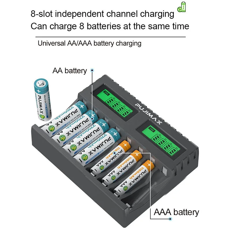 PUJIMAX 8-slot Battery Charger Suitable AAA/AA Rechargeable Battery Short Circuit Protection LED Display Ni-MH/Ni-Cd USB Charger
