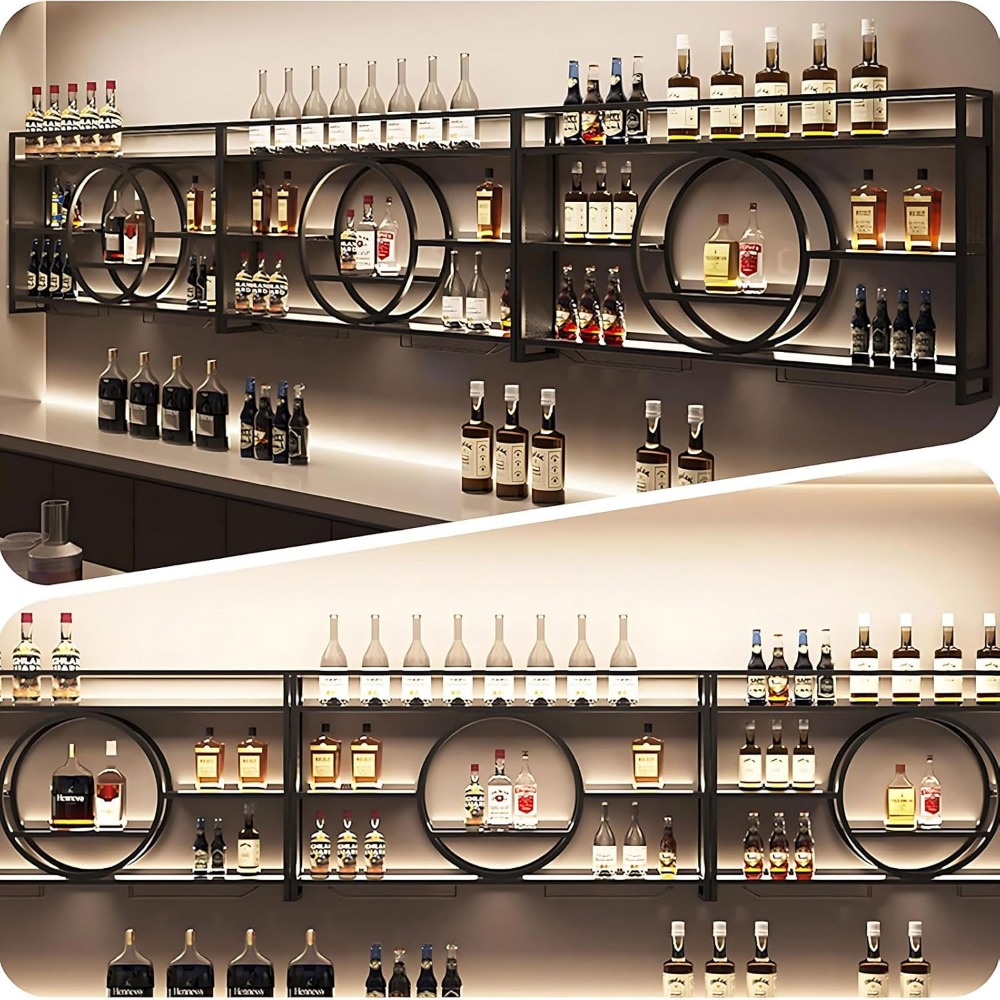 39" upgrade metal wall mounted wine rack with led lighting 3-tier large capacity hanging bar shelf wall bar cabinet mini bar for