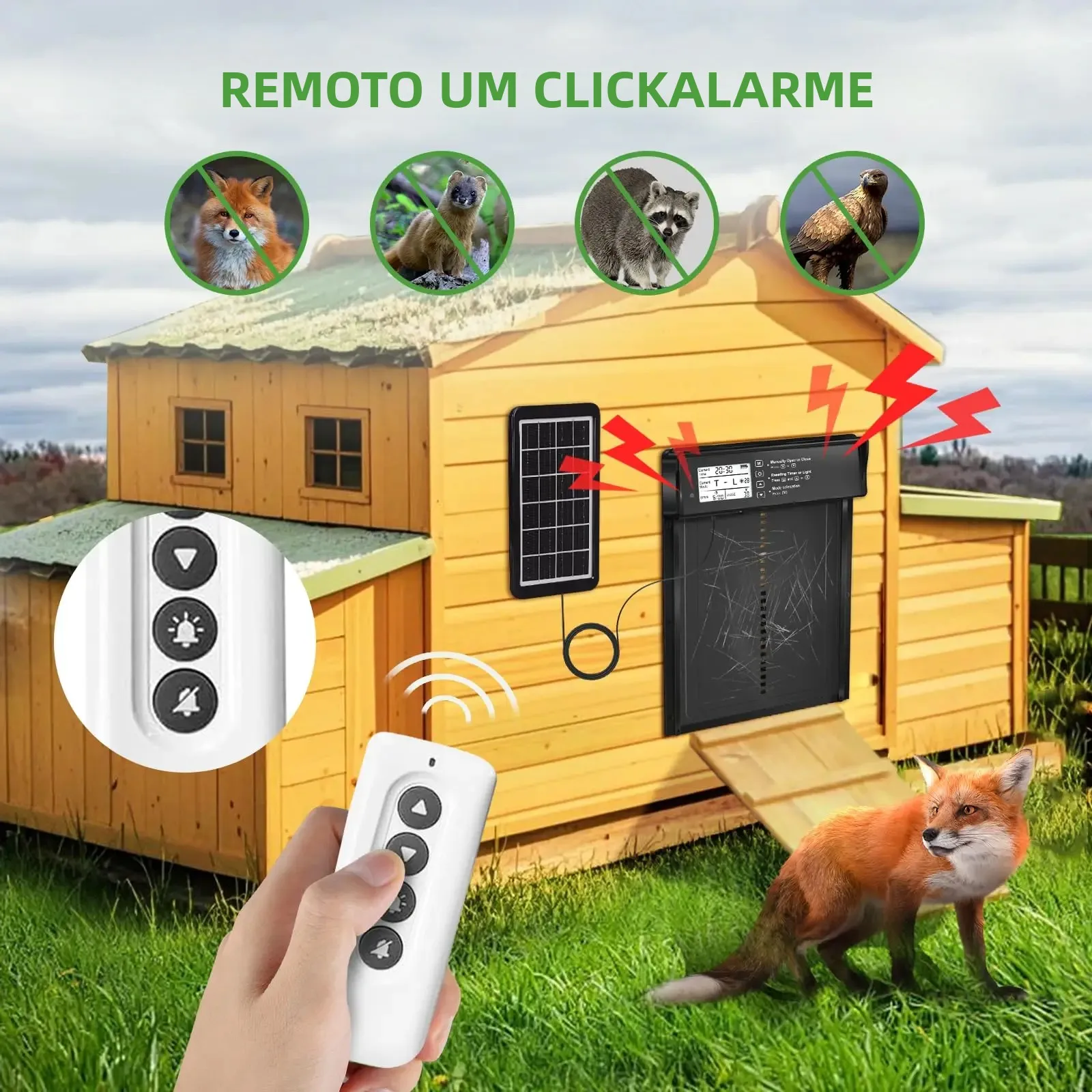 Porta automática de galinheiro movida a energia solar com display LCD, porta automática de galinha com temporizador e sensor de luz - Controle remoto