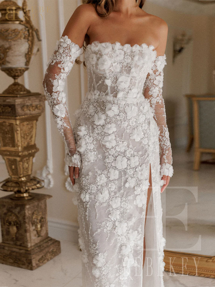 BEBEKEY Angepasst Luxus Weiß Abendkleid mit 3D Perlen Blume Dubai Frauen Hochzeit Party Kleider Elegante Prom Kleid Robe