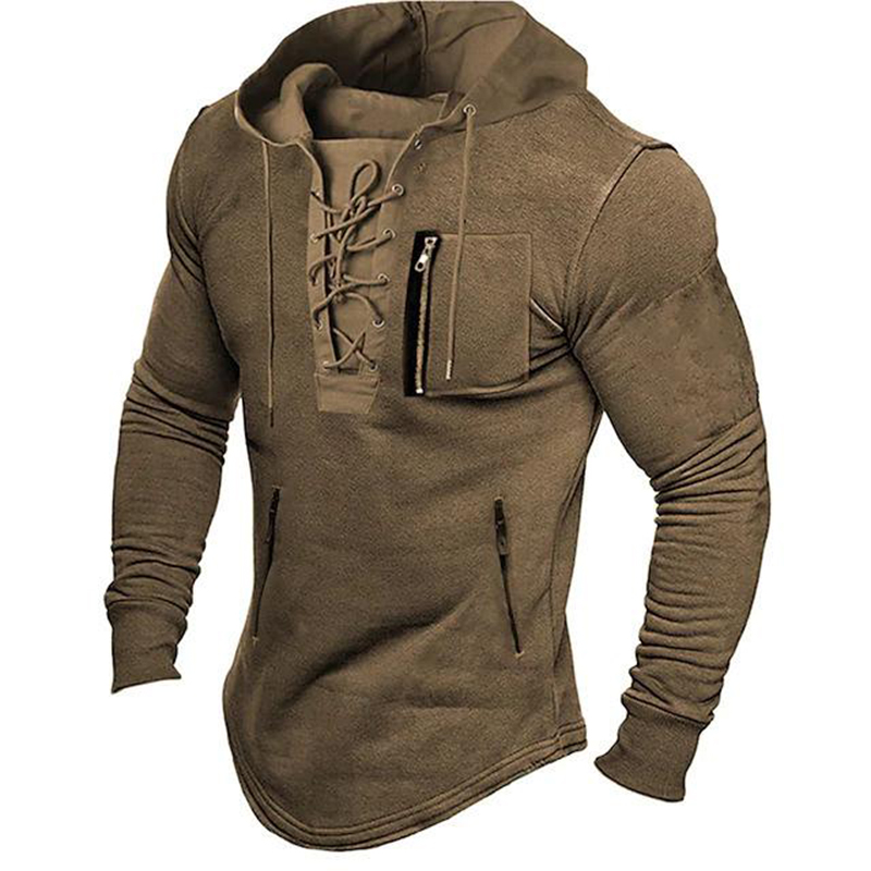 2024 hombres otoño primavera Top encaje hasta cordón Color sólido manga larga bolsillos con cremallera pulóver ropa de calle hombres Sudadera con capucha de longitud media