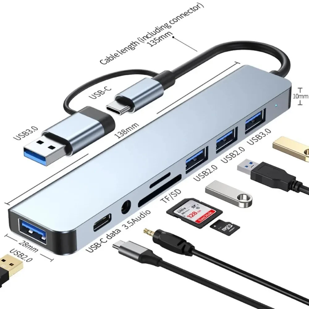 3.0 SD/TF 카드 리더기가 포함된 8 In 2 USB-C 허브 노트북 태블릿 및 전화용 멀티 포트 어댑터 사무용 TypeC 도킹 스테이션