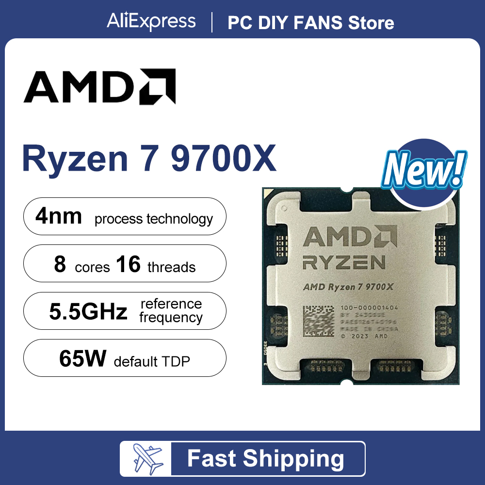 AMD-ryzen 7プロセッサ,r7 9700x,5.5GHz, 8コア,16スレッド,40MBゲームキャッシュ,4nm,tdp,65wソケット,am5,ゲーミングCPU zen 5、ファンなし、新品