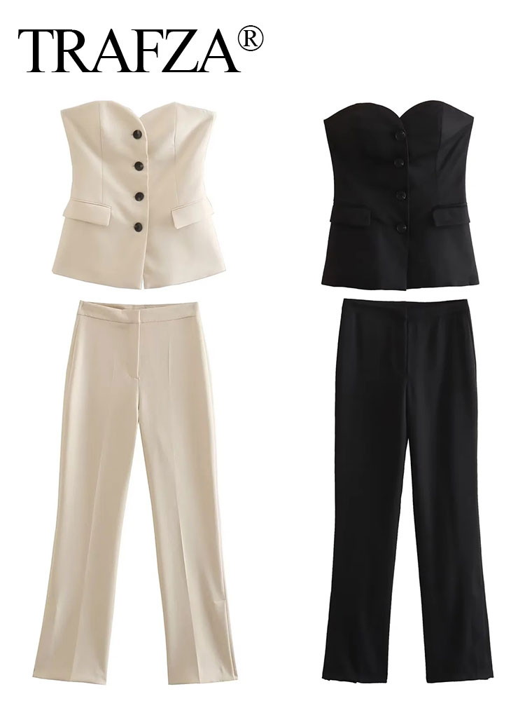 Trafza feminino elegante sólido calça terno botão frontal sem alças sexy regata + calças de fenda lateral moda feminina conjuntos streetwear