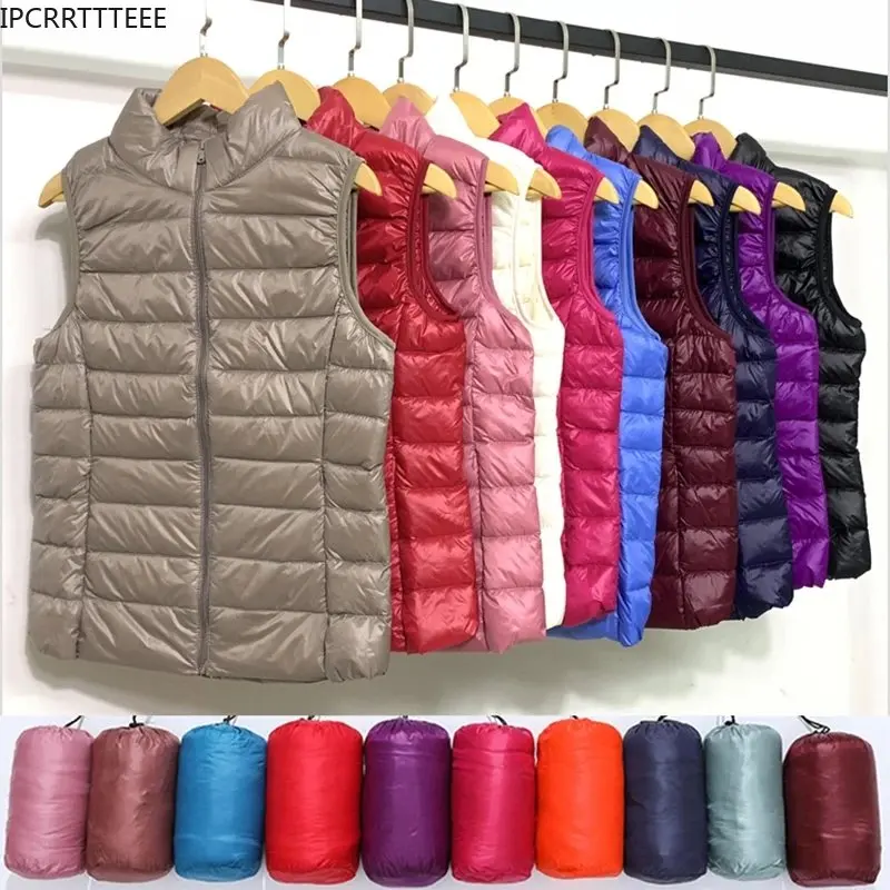 Chaleco ultraligero para mujer, novedad de 2023, chaleco sin mangas de plumón de pato para mujer, chaqueta cálida acolchada con plumas acolchadas