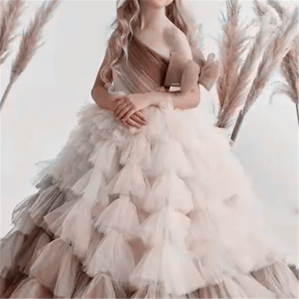 ชุดเดรสดอกไม้Tulle Performance Ballงานแต่งงานAppliquesไหล่เดี่ยวเด็กของขวัญวันเกิดFirst Communion Gowns
