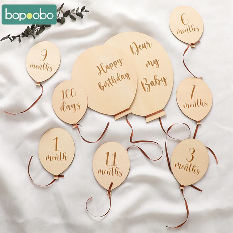 Balão de madeira para crianças recém-nascidas, Fotografia Props, Birthday Party Decoração, Milestone, 1 a 12 Mês Cartão, 9Pcs