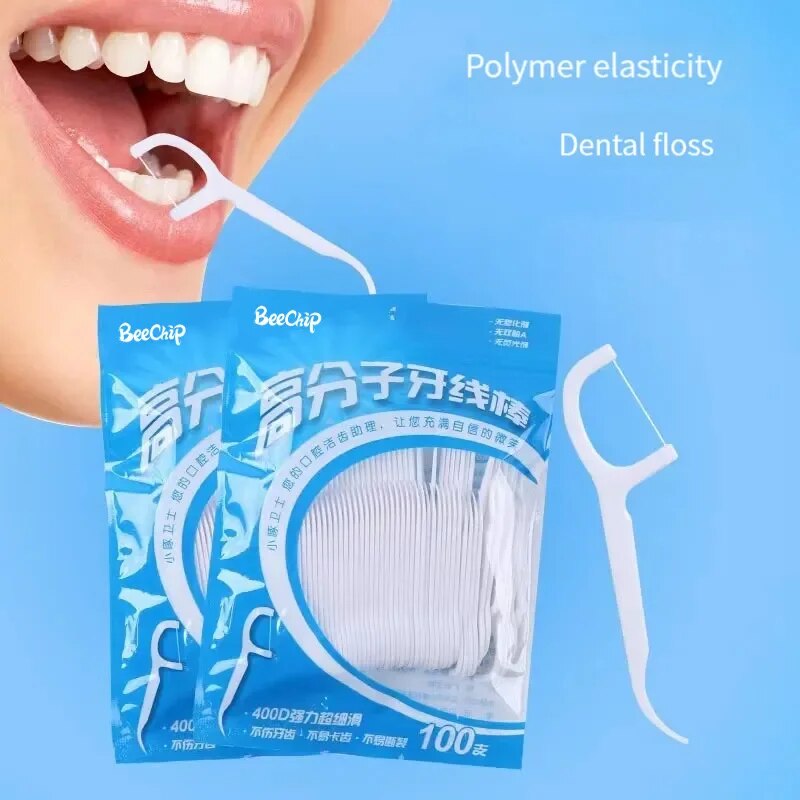 100 unidades de hilo dental, paquete familiar ultrafino, hilo plano desechable, portátil, uso de doble cabezal