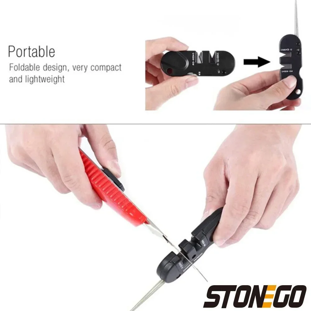 STONEGO 4-in-1 휴대용 접이식 칼 숫돌 - 야외 및 주방용 세라믹, 카바이드, 다이아몬드 스톤