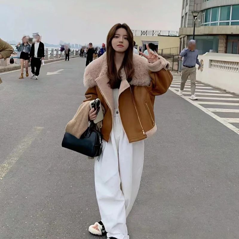 Casaco de pele curta para motocicleta, jaqueta de lã espessada, top 100% real, novo estilo