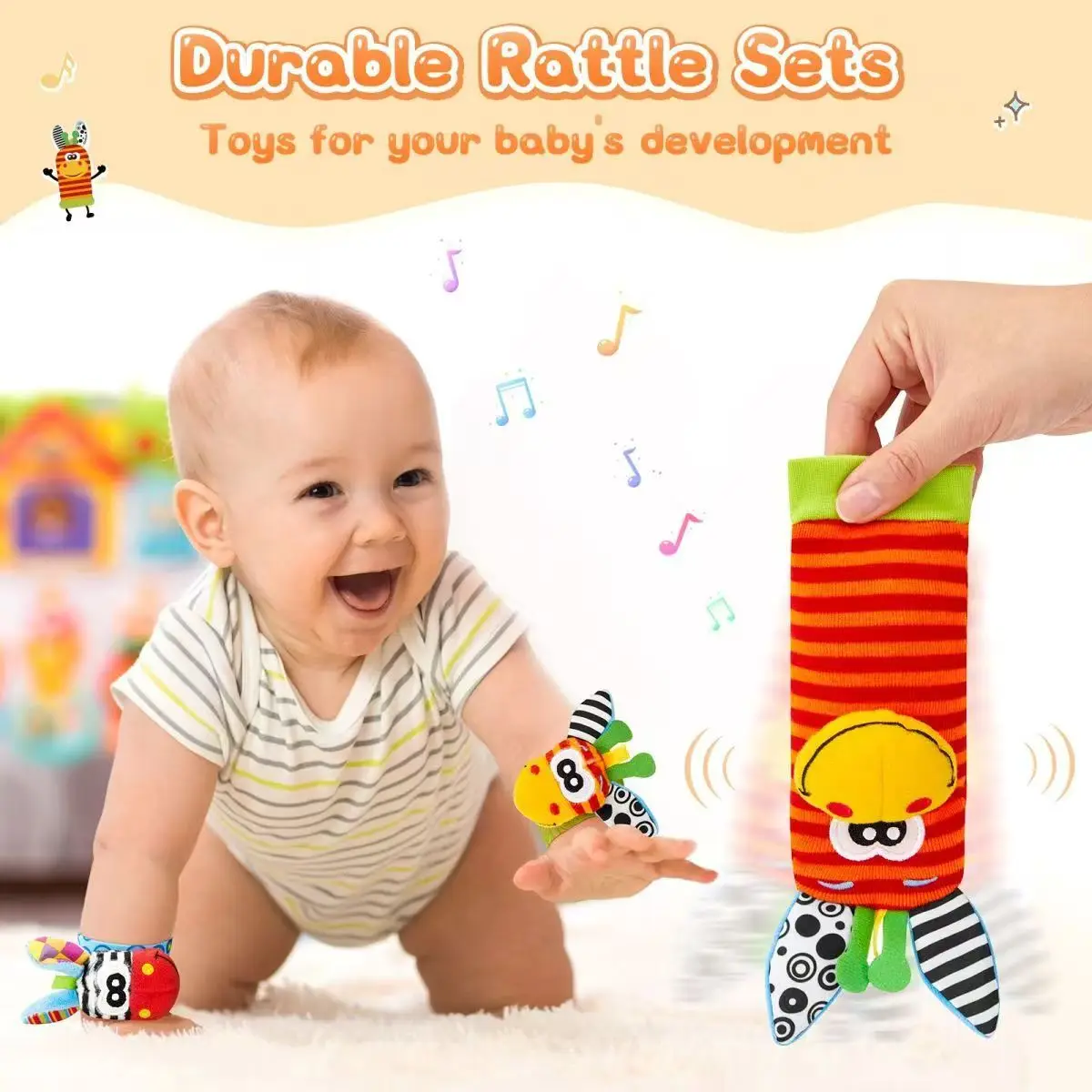 เด็กทารก Rattles ถุงเท้าของเล่น 0 12 เดือนทารกแรกเกิดการ์ตูนตุ๊กตาถุงเท้าสายรัดข้อมือเท้า Finder และข้อมือ Rattles ของเล่นสําหรับทารก