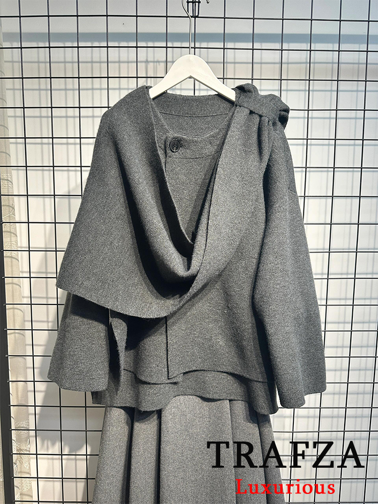 TRAFZA ヴィンテージカジュアルシックな女性ニットスカーフセーター O ネック長袖ルーズショートコートファッション 2025 春冬生き抜く