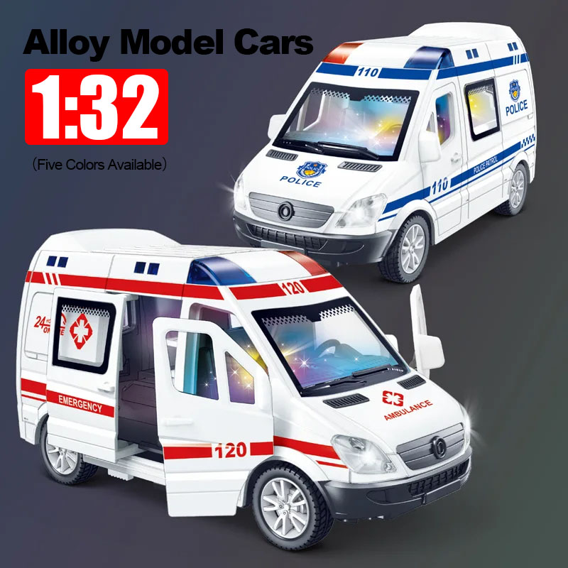 1:32 Ziekenhuis Redding Ambulance Politie Diecast Auto Model met Pull Back Geluid Licht Speelgoed Geschenken BoysToy Auto Cadeau voor Kinderen