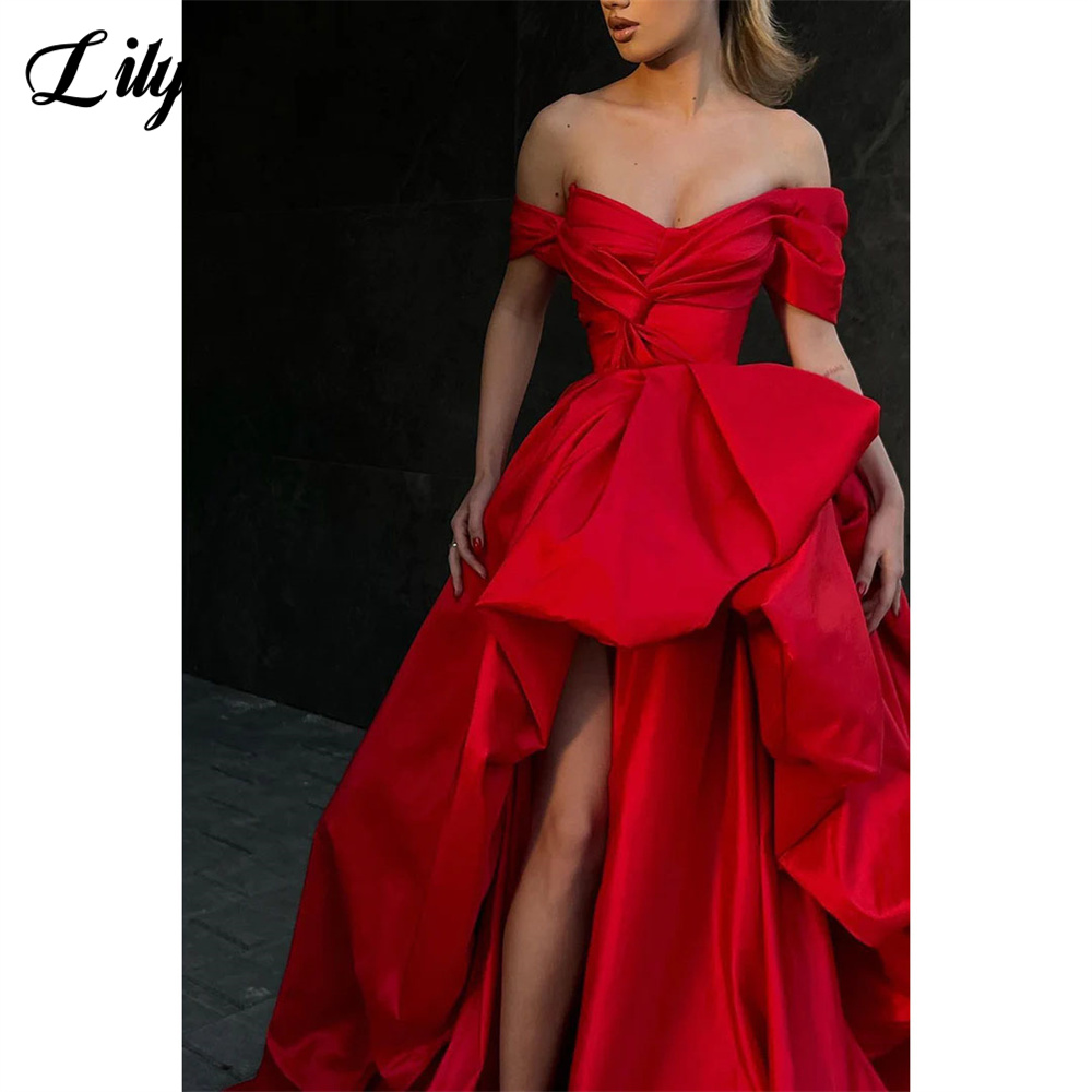 Lily Red Off the Shoulder Prom Dress Side High Split A Line Evening Dress Stain Pleat V-Neck Formal Occasion Dresses Customized
