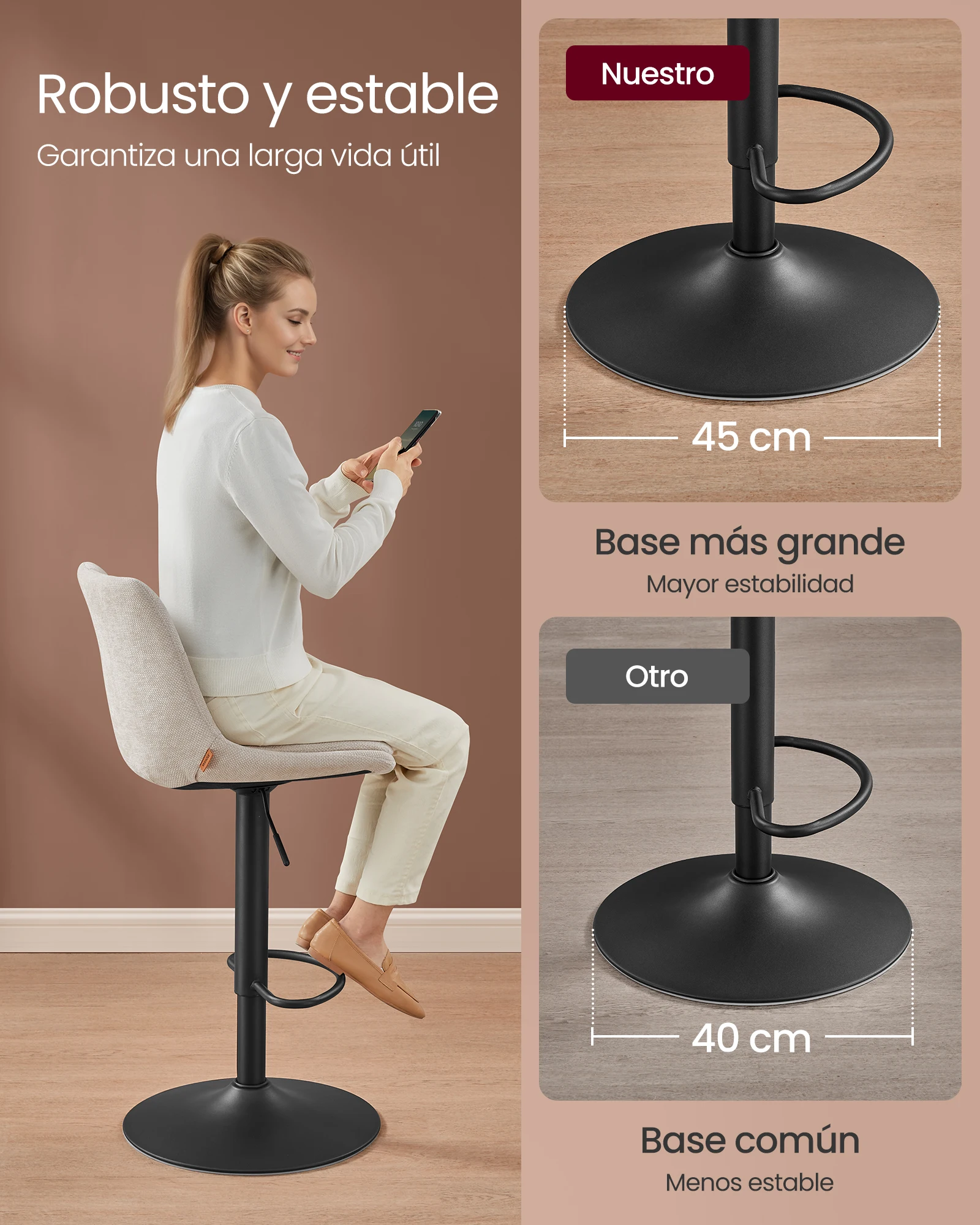 VASAGLE Juego de 2 Taburetes de Bar, Sillas Altas Giratorias Regulables en Altura, Sillas de Cocina con Respaldo y Reposapiés, Comedor, Mostrador, Acero, Marrón Camello