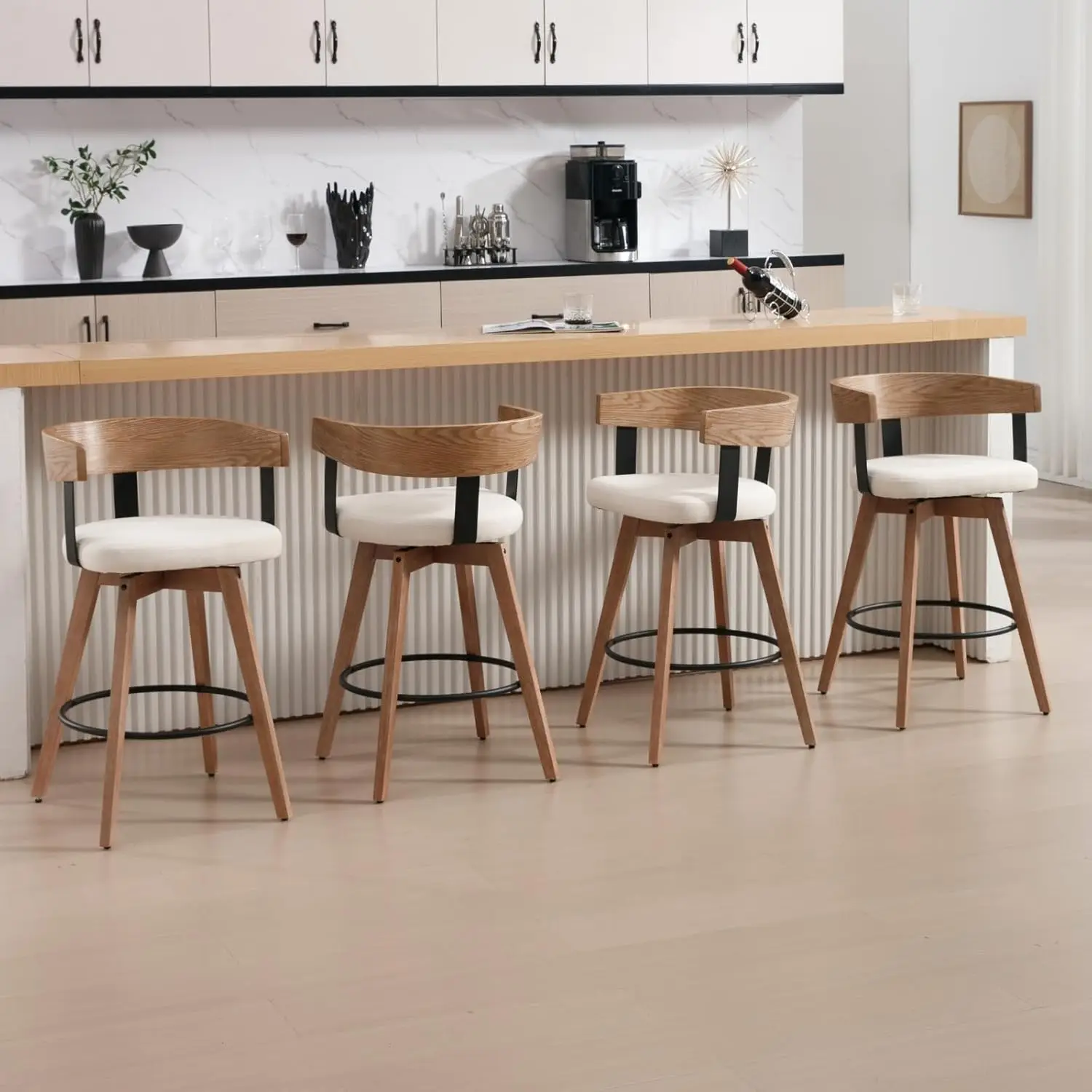 Swivel Bar Stools Set of 2, 26" Counter Height Bar Stool Footrest Modern Wood Barstools Linen Upholstered Seat Counter Stools