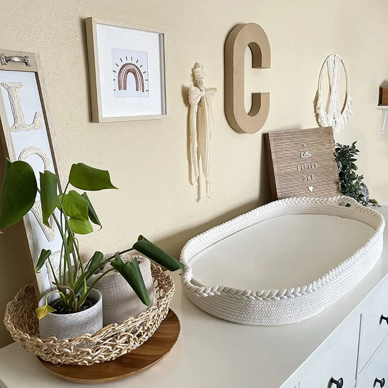 Boho Nursery Baby Changing Basket Foldable Moses Basket Table Topper for Dresser with Thick Foam Pad