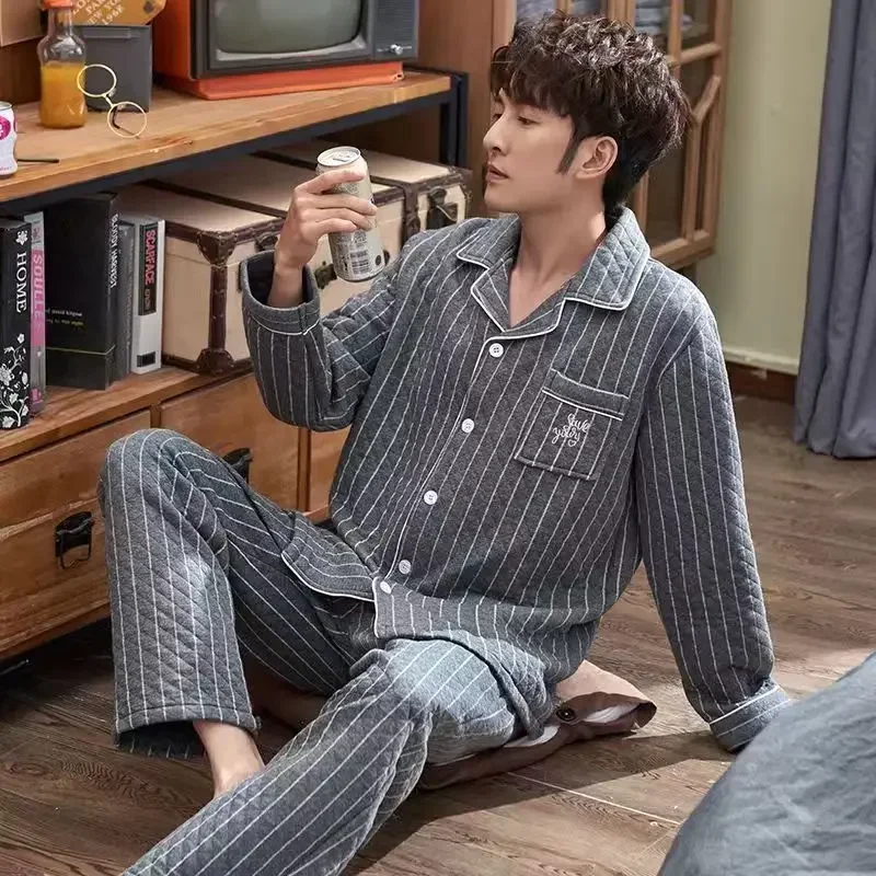 Automne et hiver épaissir chaud flanelle pyjama ensembles pour hommes coton Sandwich rayure vêtements de nuit Pyjamas Homewear vêtements 2024 grande taille