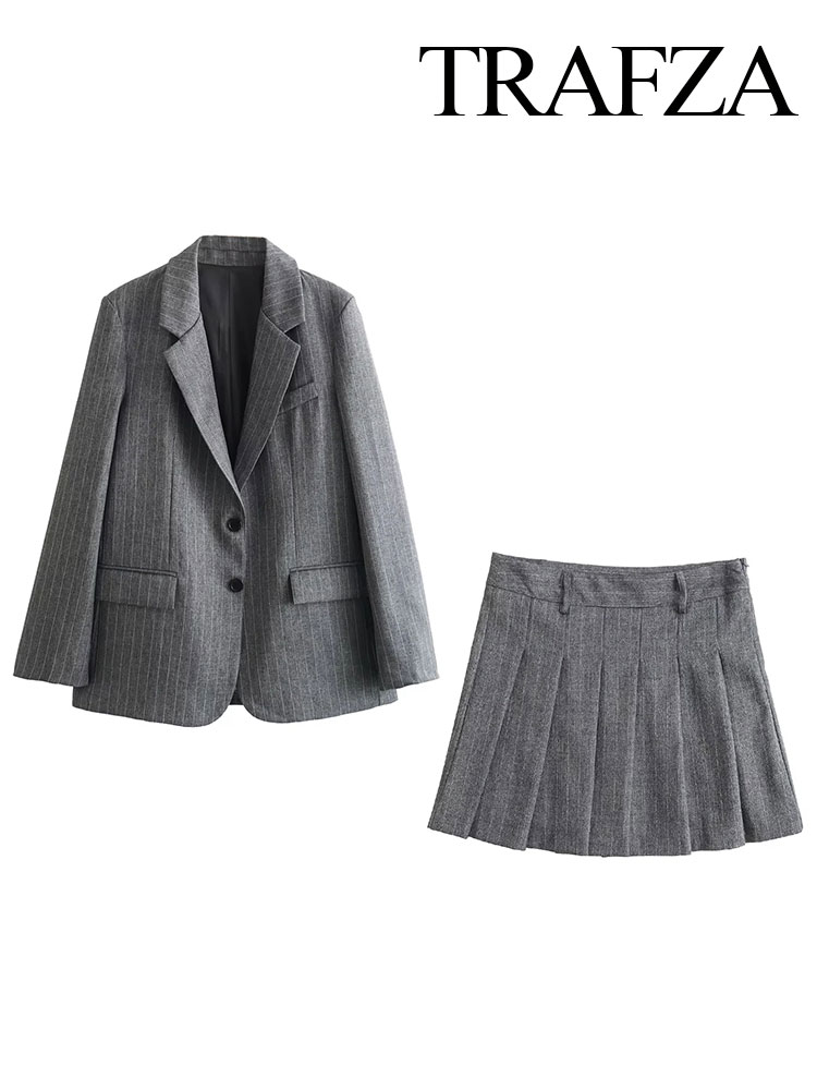 TRAFZA 春 2 ピーススーツ女性のための V ネック長袖シングルブレストブレザーコート + ひだストリート女性のミニスカート