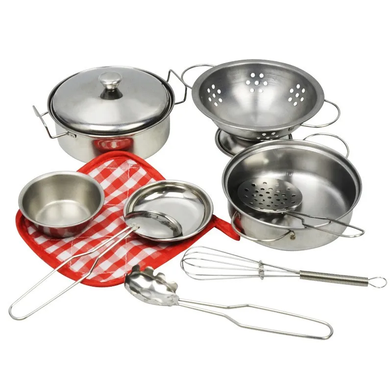 Cozinha fingir jogar acessórios brinquedos com panelas de aço inoxidável panelas e frigideiras conjunto, utensílios de cozinha, presentes ferramenta de aprendizagem