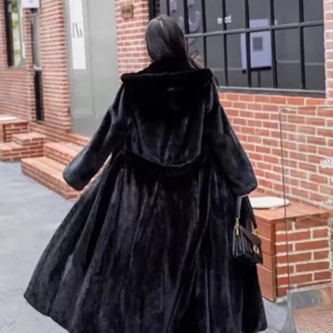 Women Thick Maxi Jacket Y2k Autumn Winter Belt Faux Fur Maxi Coat Long Warm Luxury Belt Fur Black Parkas Bontjas Furry Outerwear