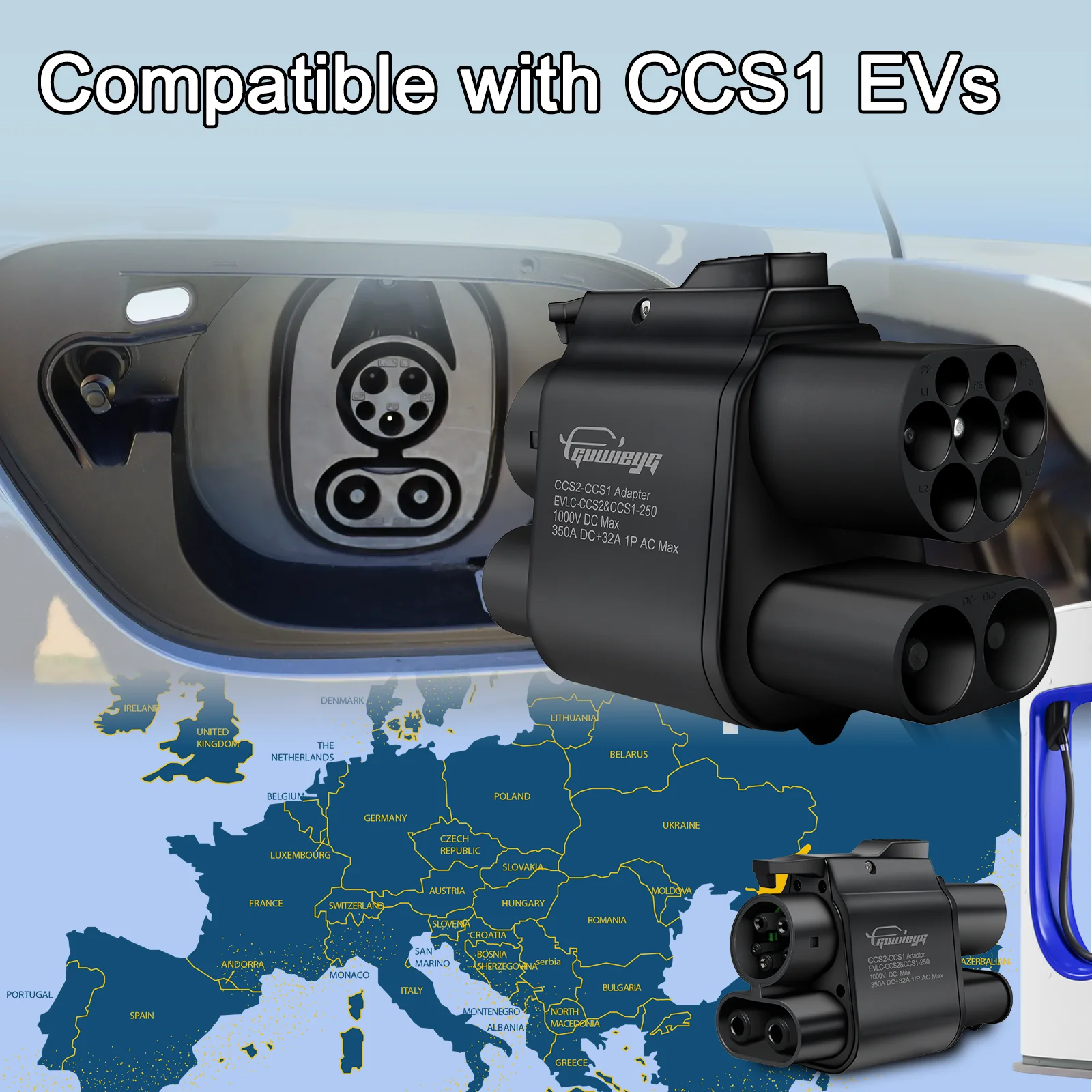 Adapter GUWIEYG CCS2 na CCS1 350A 350kW Ładowarka do pojazdów elektrycznych CCS2 na CCS1 DC+AC DC 1000V Szybkie ładowanie EV
