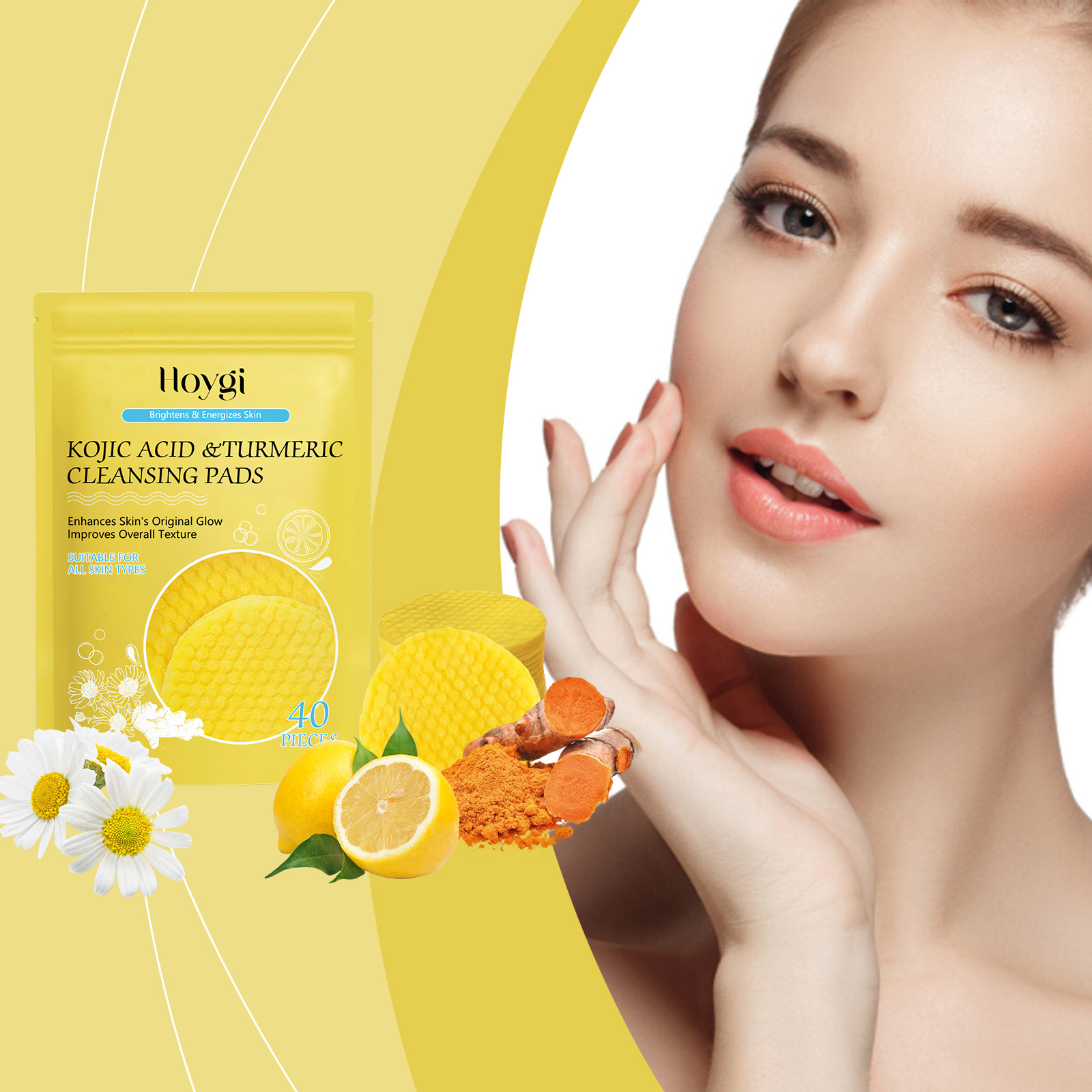 Almofada de limpeza de ácido kójico de cúrcuma, limpador de poros, removedor de maquiagem, esfoliante, controle de óleo, brilho, esponja de lavagem facial suave