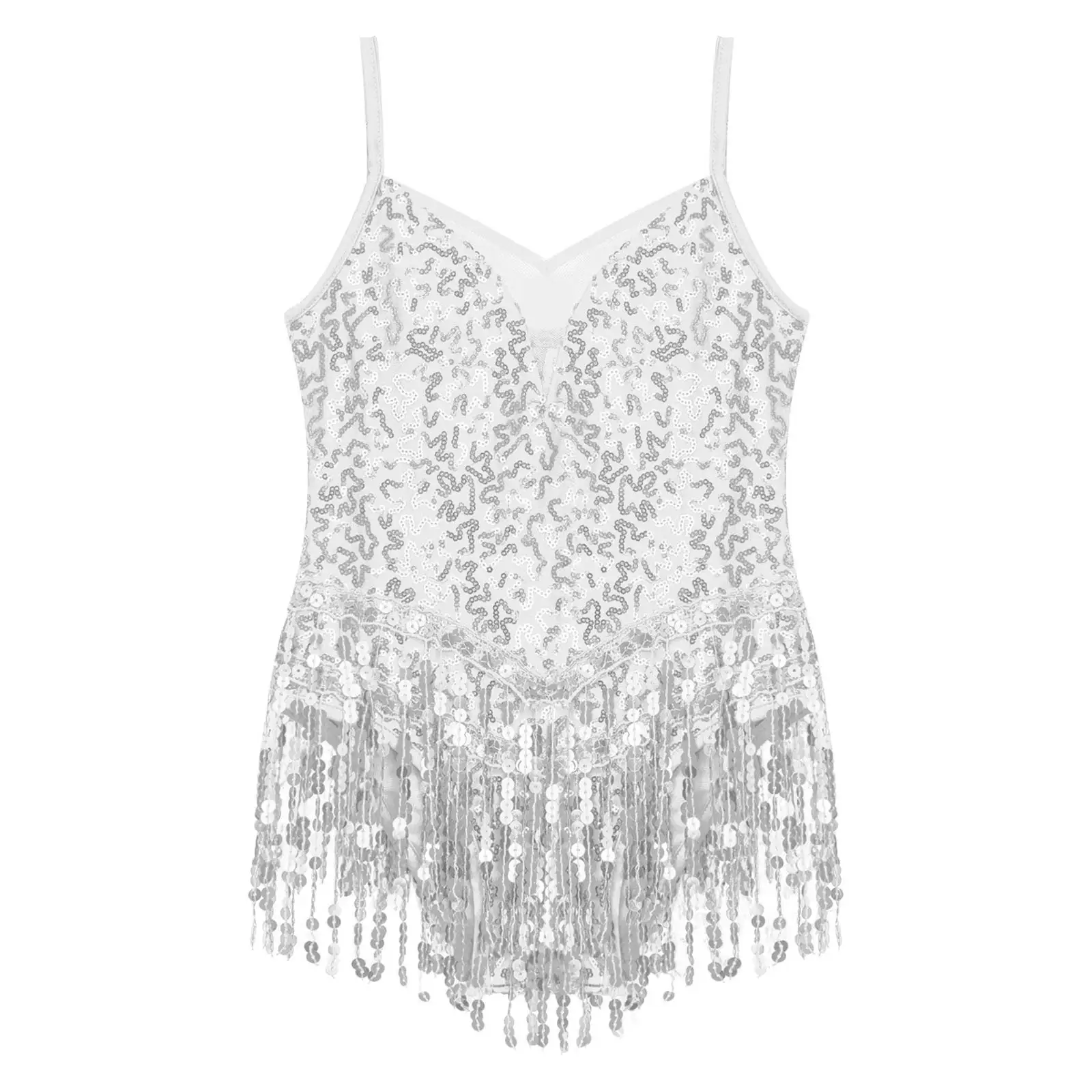 ชุดเต้นรําละตินแจ๊สยิมเด็กผู้หญิง SHINY Sequins พู่ Fringe ตาข่ายห้องบอลรูม Samba Tango Cha Cha เต้นรํา Leotards RAVE เครื่องแต่งกาย