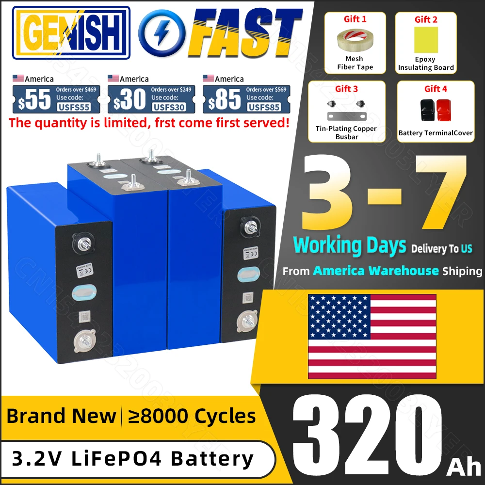 Grade A 3.2V 320AH Lifepo4 Battery Rechargeable Lithium Iron Phosphate  DIY 12V 24V 48V for Camping Boats Golf Cart RV Forklift