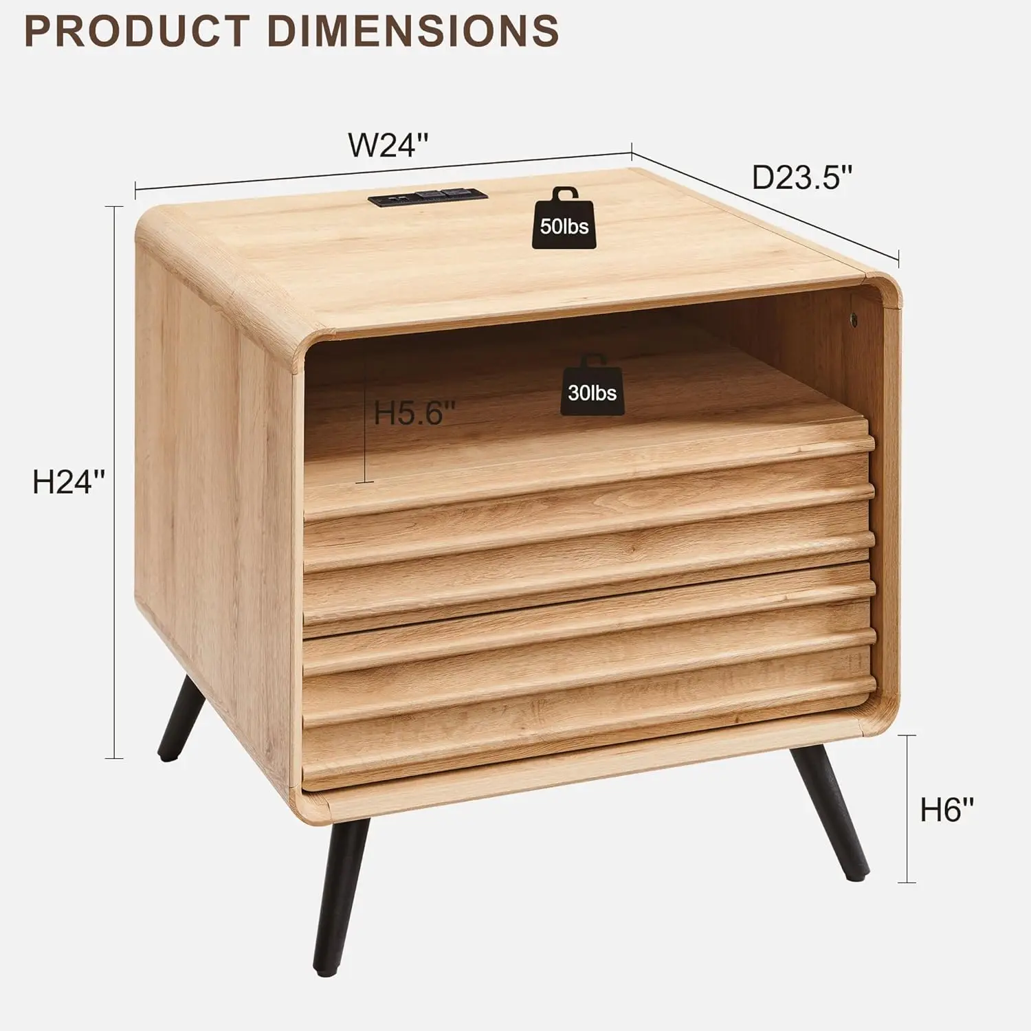 Night Stand with Charger Station, Mid Century Modern Fluted End Table with 2 Drawers, Wooden Side Table with Open Cub