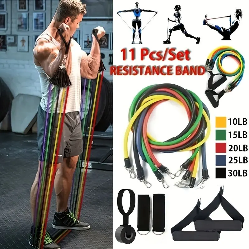 11 stks/set trektouw, weerstandsbanden, draagbare fitnessapparatuur, enkelband, borst expander, elastische oefenband
