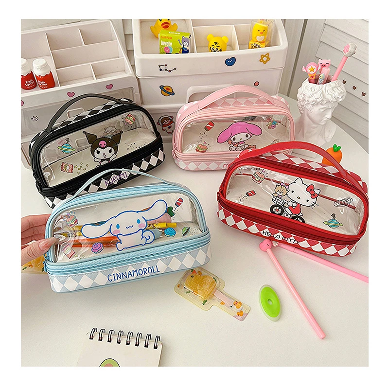 Kawaii 만화 Hellokitty Kuromi 대용량 투명 더블 레이어 연필 케이스 만화 Cinnamoroll 편지지 펜 가방