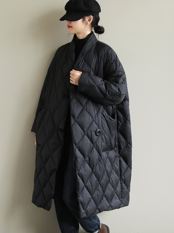 Jaqueta Leve de Aodão com Padrão de Diamante, Crimento Médio, Estilo Simples, Ajuste Solto, Manga Longa, Detalhe de Botã...