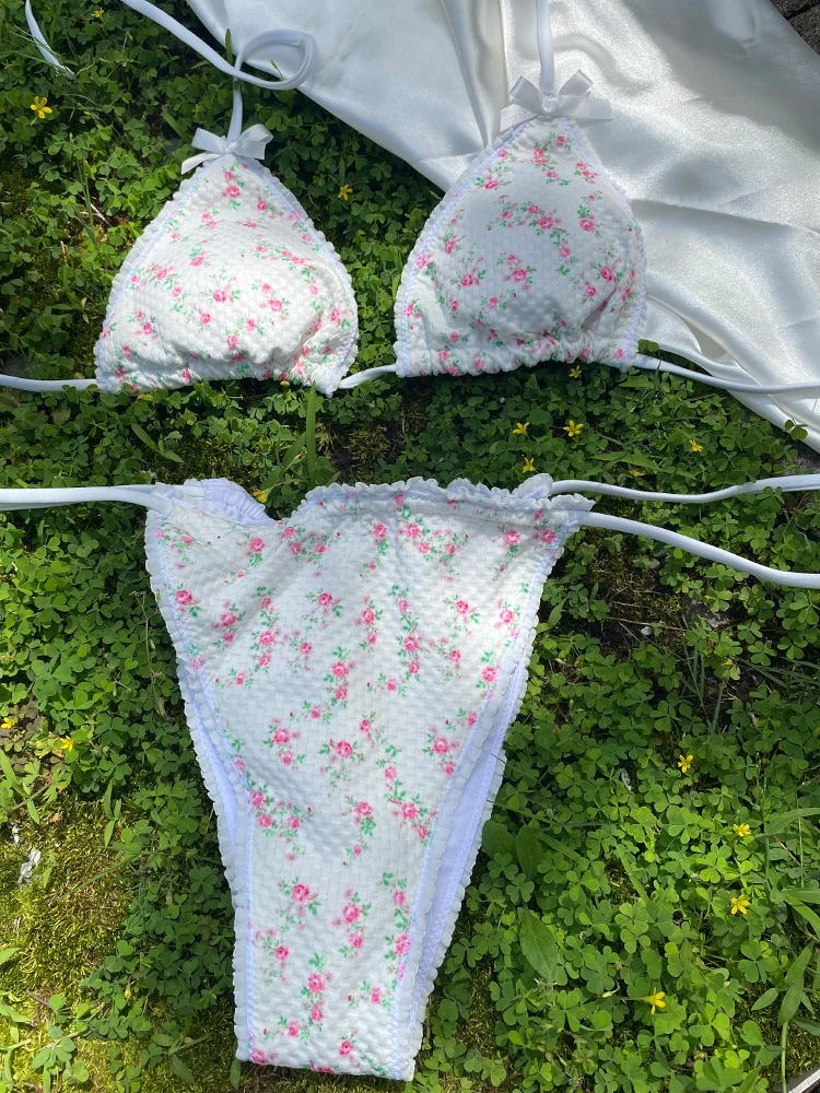 Maillot de bain imprimé écossais avec nœud, triangle, ensemble deux pièces, culotte tanga, taille basse, vêtements de plage, nouvelle collection