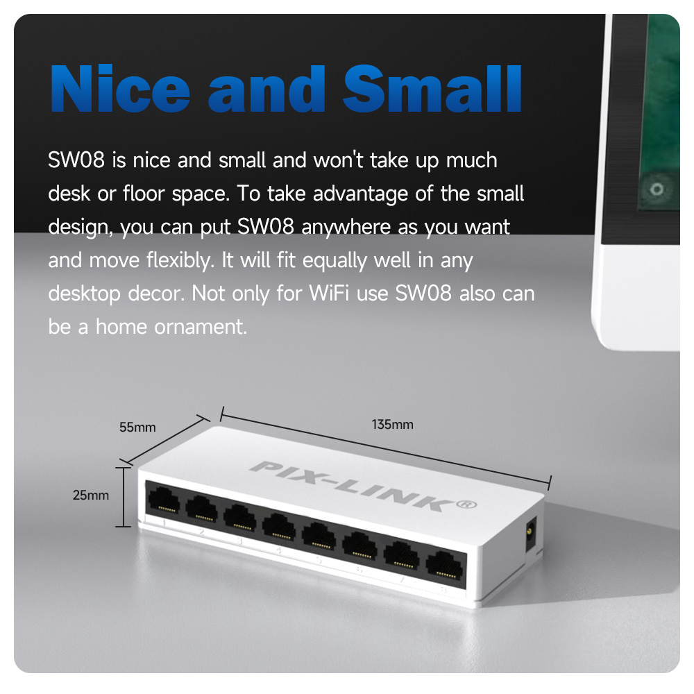 Interruptores de red PIX-LINK SW08 Mini Ethernet de 8 puertos 10/100Mbps, interruptor de red rápido para la oficina en casa