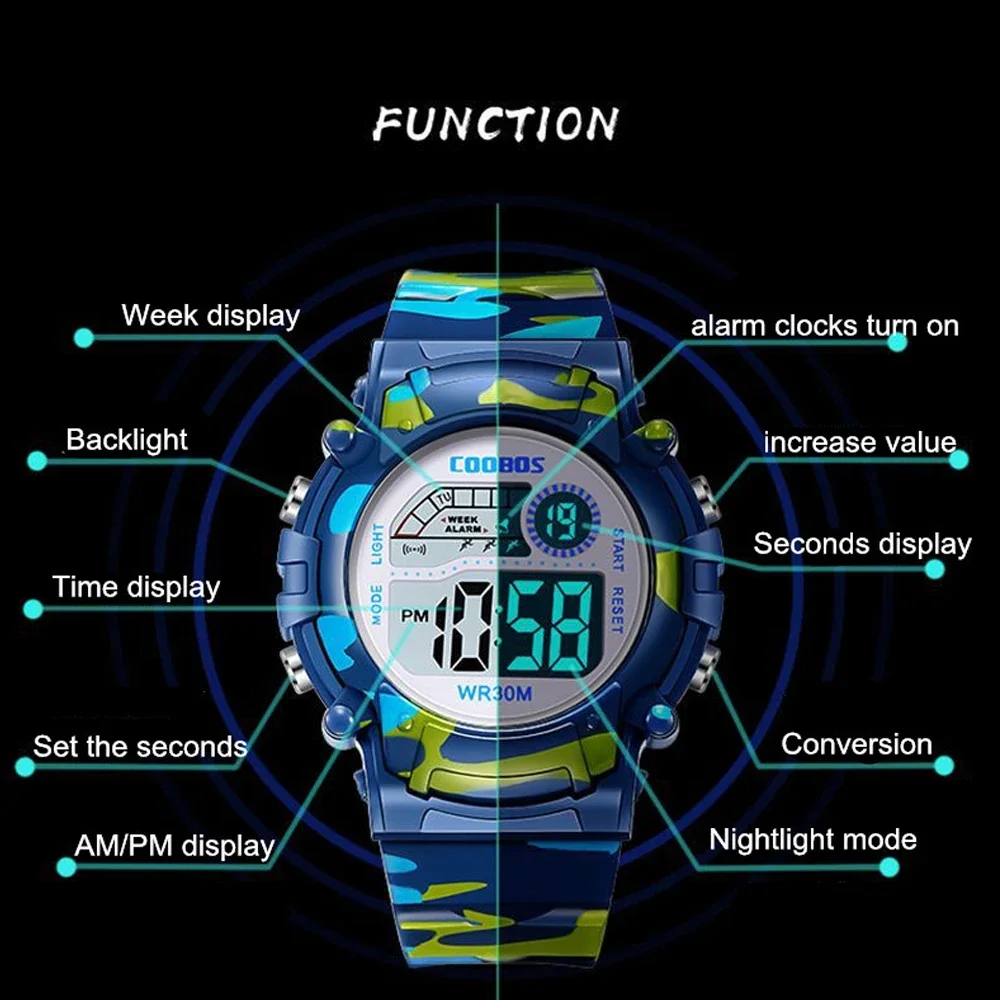 Esporte relógio digital para crianças à prova dwaterproof água luminosa eletrônico led relógio moda multi-função exibição da semana crianças relógio