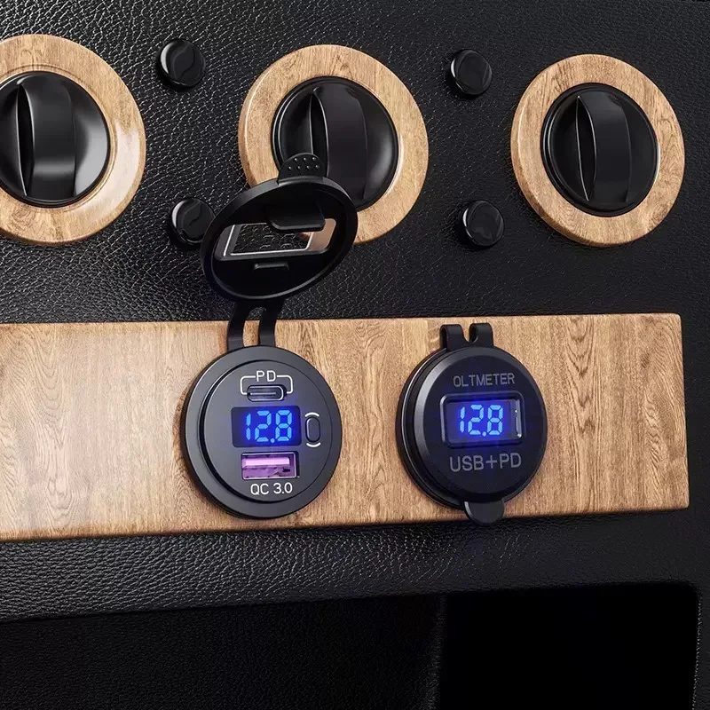 USB C Autolader Socket 12V/24V Dual USB Socket PD3.0 en QC3.0 Auto USB-poort met LED-voltmeter en aan/uit-schakelaar