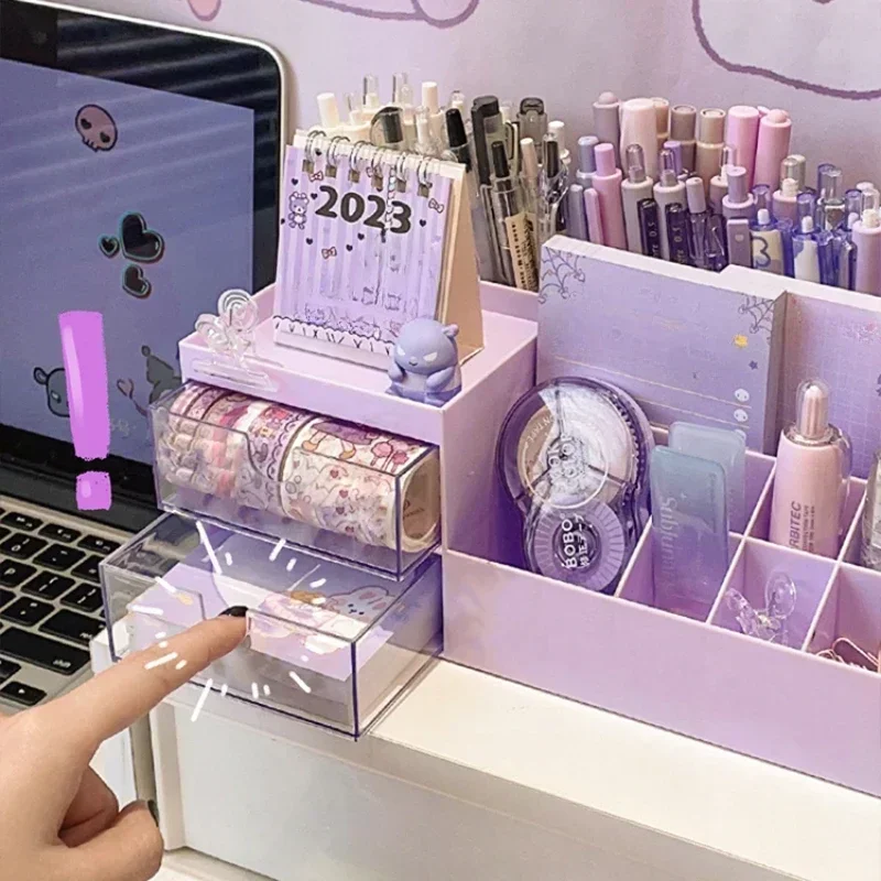 New Cute Pen Desk Holder Storage Box Organizer Girl Drawer-type Desktop Student Stationery Handbook Nine Grids Storage Box