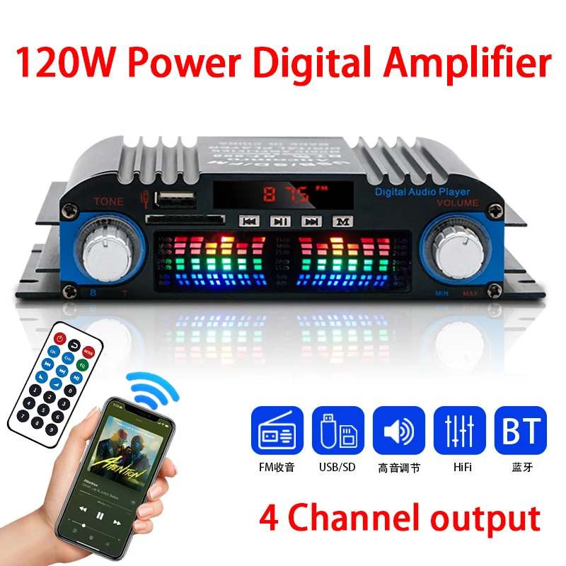 1800W 피크 전력 HiFi 사운드 앰프 디지털 4 채널 오디오 앰프 블루투스 가라오케 플레이어 FM 라디오 지원 원격 제어
