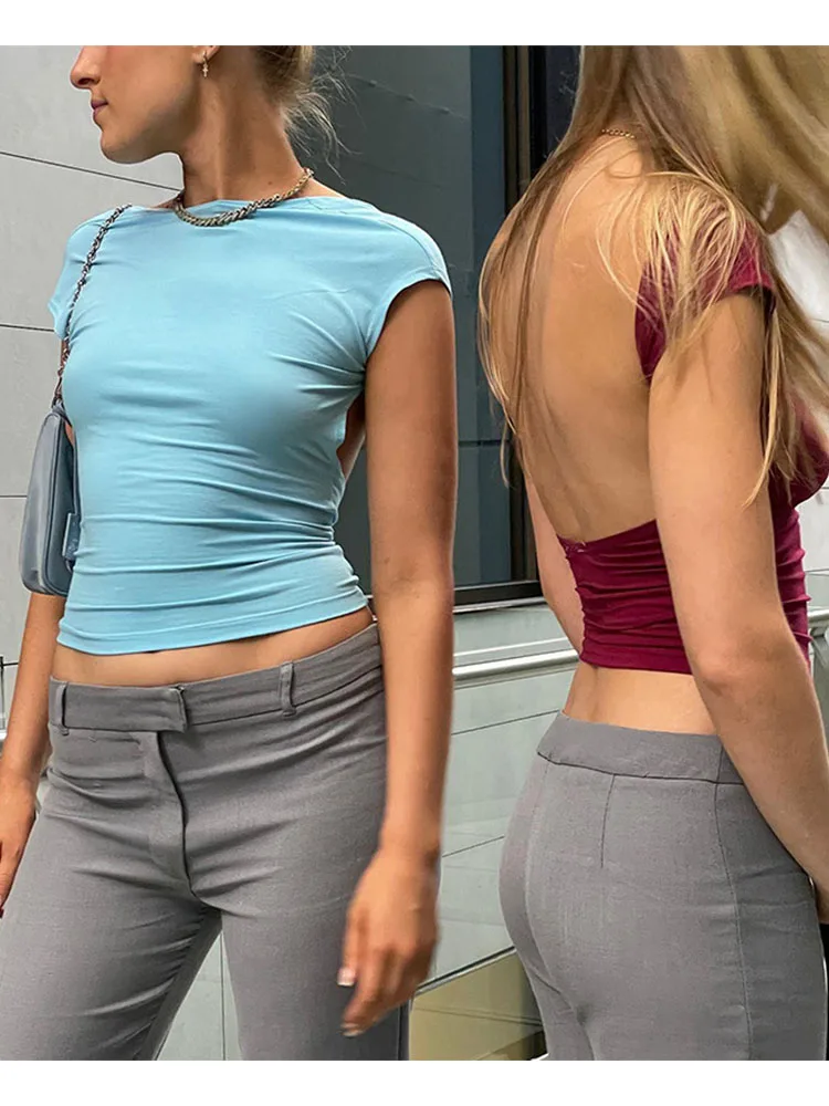 女性用半袖ホルタートップ,スリムカット,カットアウト,セクシーTシャツ,マルチスリム方法,ベーシック,夏