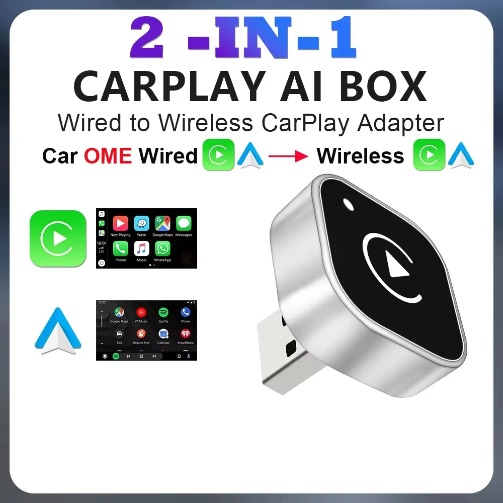 2 в 1 проводной к беспроводному адаптеру CarPlay Android Auto для OEM автомобильной стереосистемы с USB-ключом Smart Mini Box Plug and Play Bluetooth