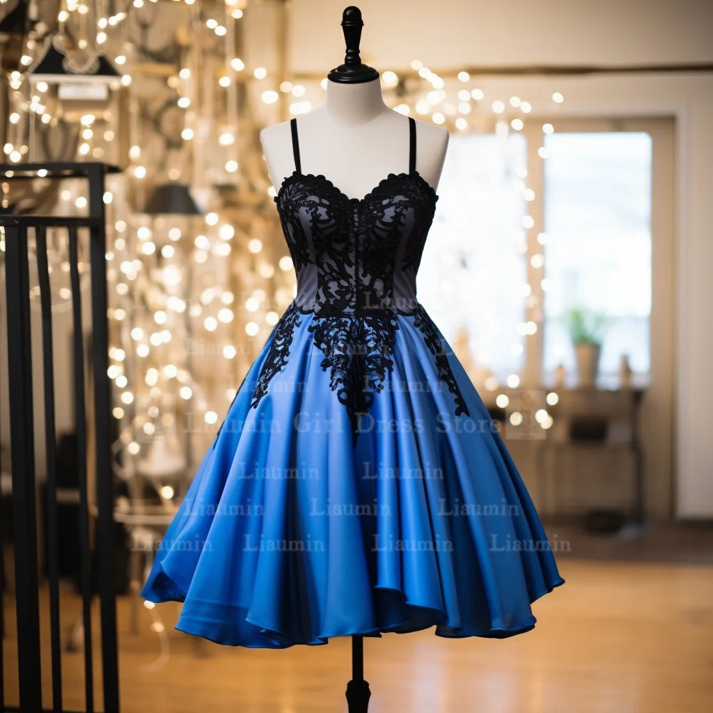Blaue Satin und schwarze Spitze Rand Applikation träger lose kurze Länge Schnürung zurück Abendkleid Brithday Elagant Kleidung benutzer definierte W1-19