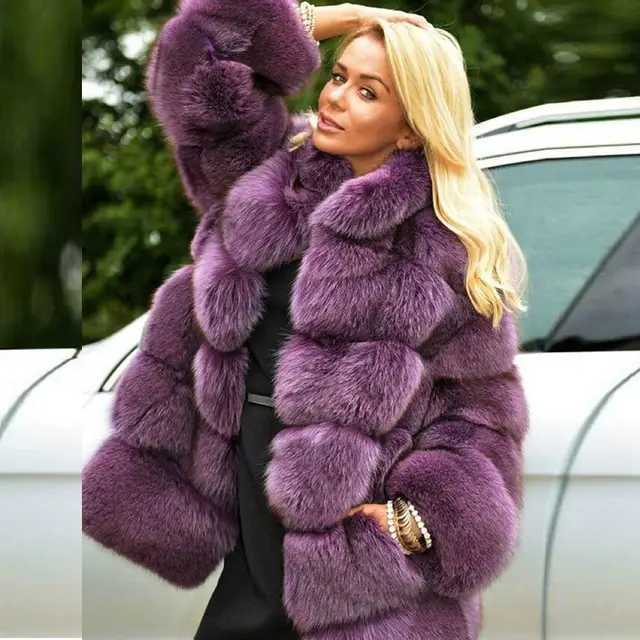 Frauen Faux Fuchs Pelz Mäntel Maxi Mäntel Drehen Unten Kragen Dicke Warme Elegante Herbst Winter Offenen Stich Pelz Jacken Warme Streetwear