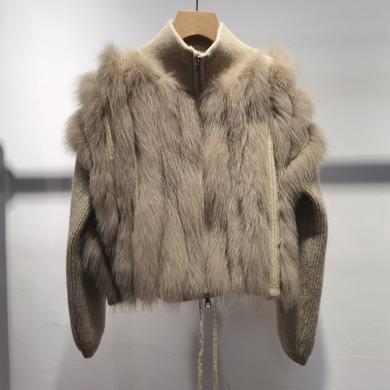 2024 novas mulheres inverno manga longa cardigans curtos com zíper real pele de raposa guarnição tartaruga pescoço casual jaqueta listra de pele real