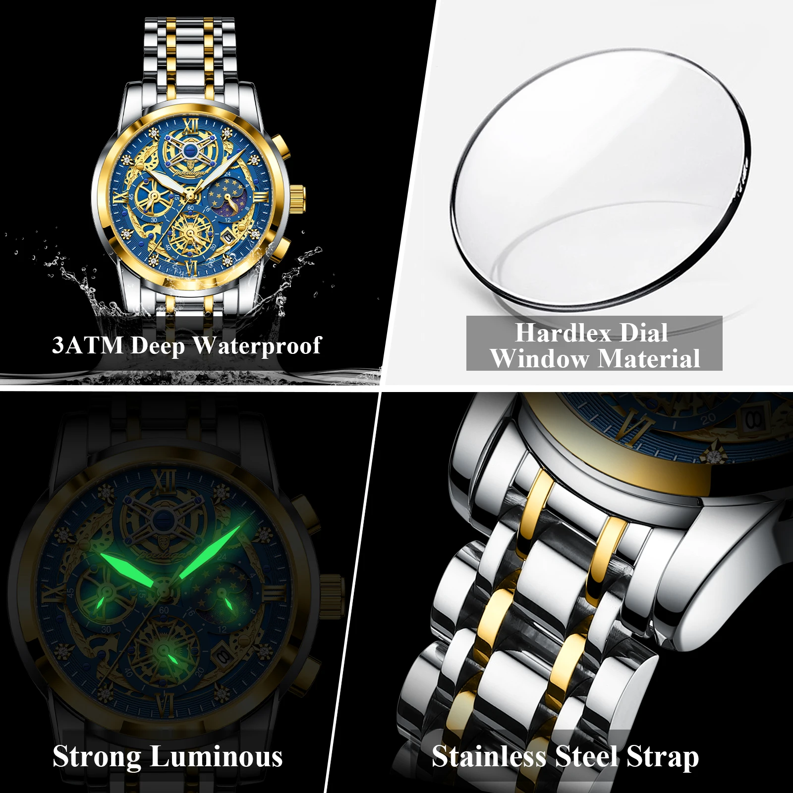 Reloj POEDAGAR de lujo de alta calidad para hombre, cronógrafo luminoso resistente al agua con fecha, Reloj de cuarzo de acero inoxidable para hombre, Reloj