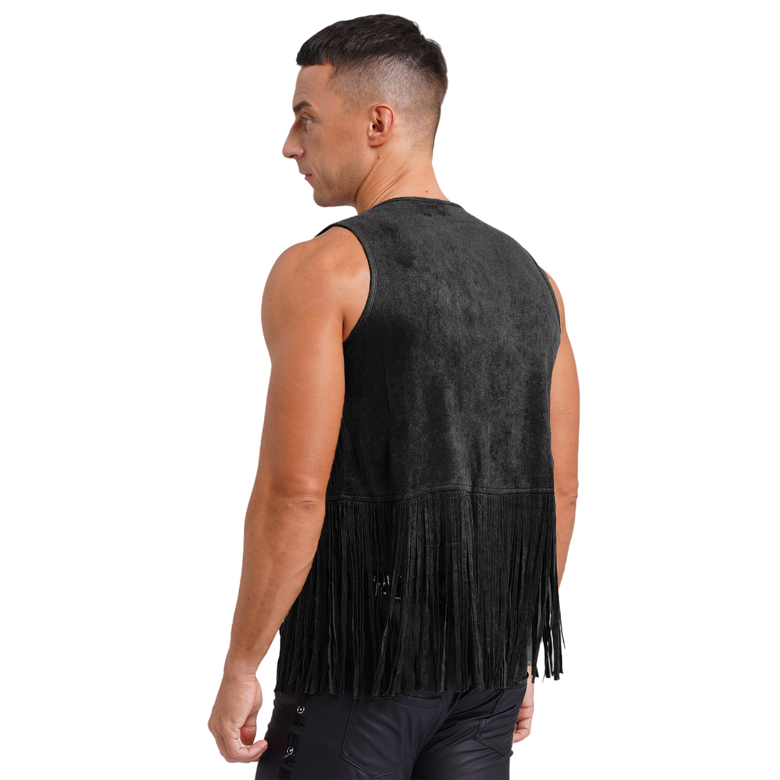 Herren-Weste aus Wildlederimitat mit Quasten, Western-Cowboy-Weste, modische Weste mit Nieten und Fransen vorne, ärmellose Jacke