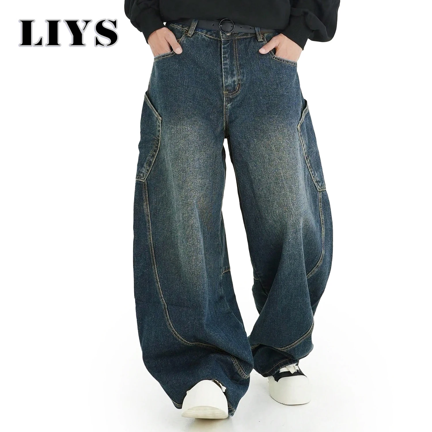 Men's Wear American Washed Denim Pants Vintage Threedimensional Large Pockets Cut Curved Knife Jeans Loose Fit Summer New Trend