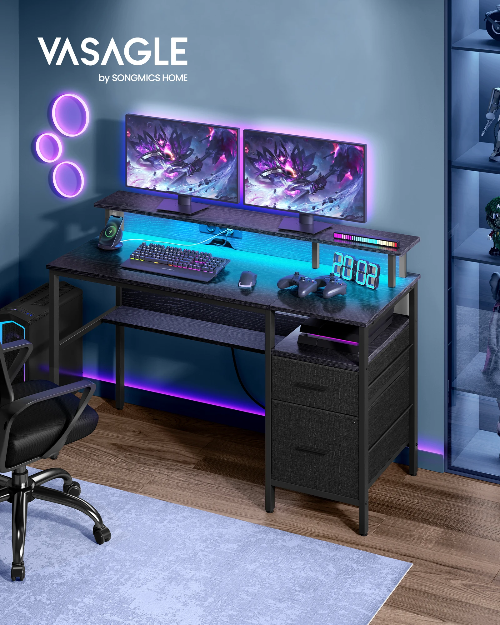 VASAGLE Schreibtisch mit Schubladen, Computertisch mit Monitorständer, LED-Beleuchtung, 55 x 135 x 90 cm, eingebaute Steckdosen