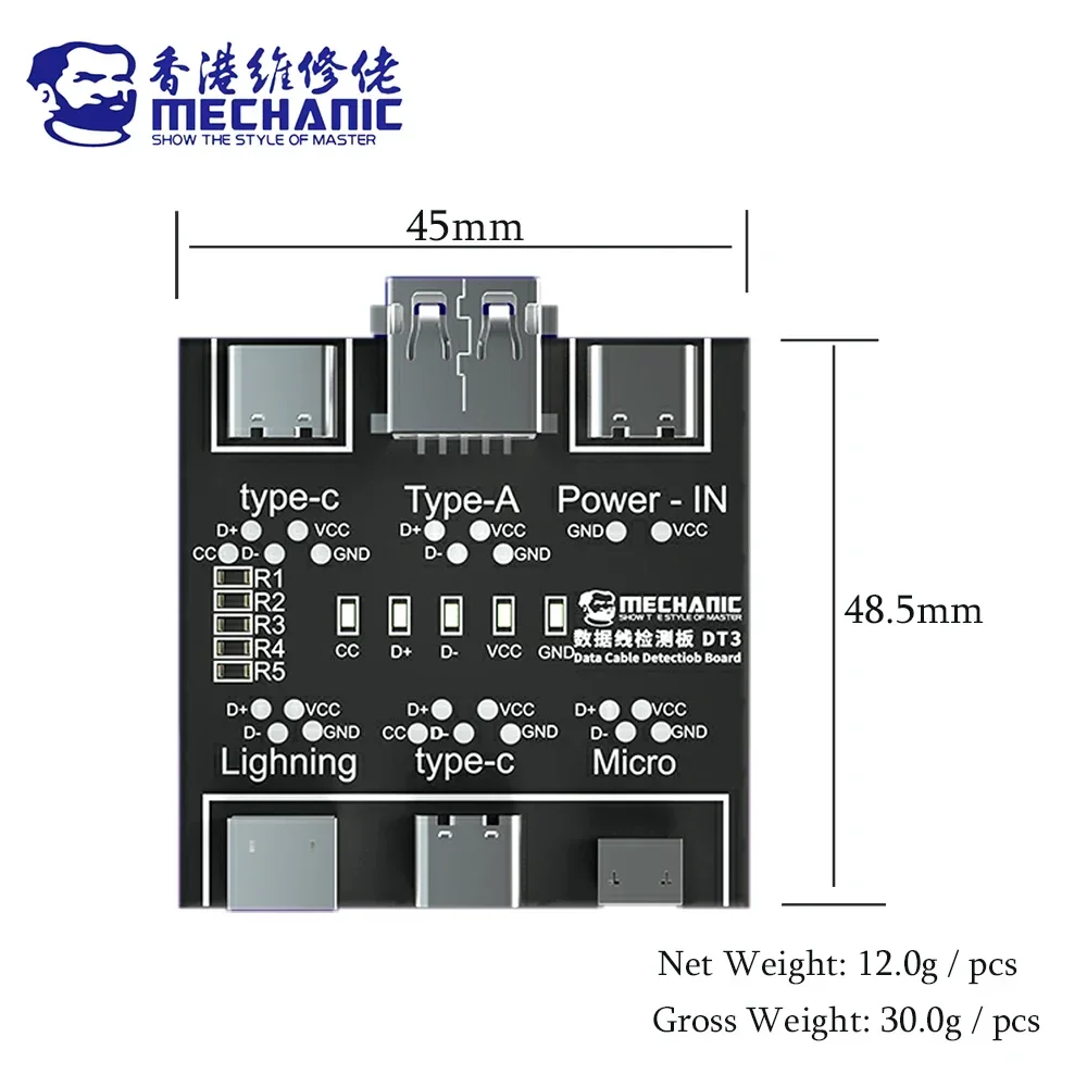 Probador de Cable USB mecánico DT3, placa PCB de prueba de Cable de datos para IPhone Android, herramienta de detección de encendido y apagado de Cable de fecha de iluminación USB tipo C