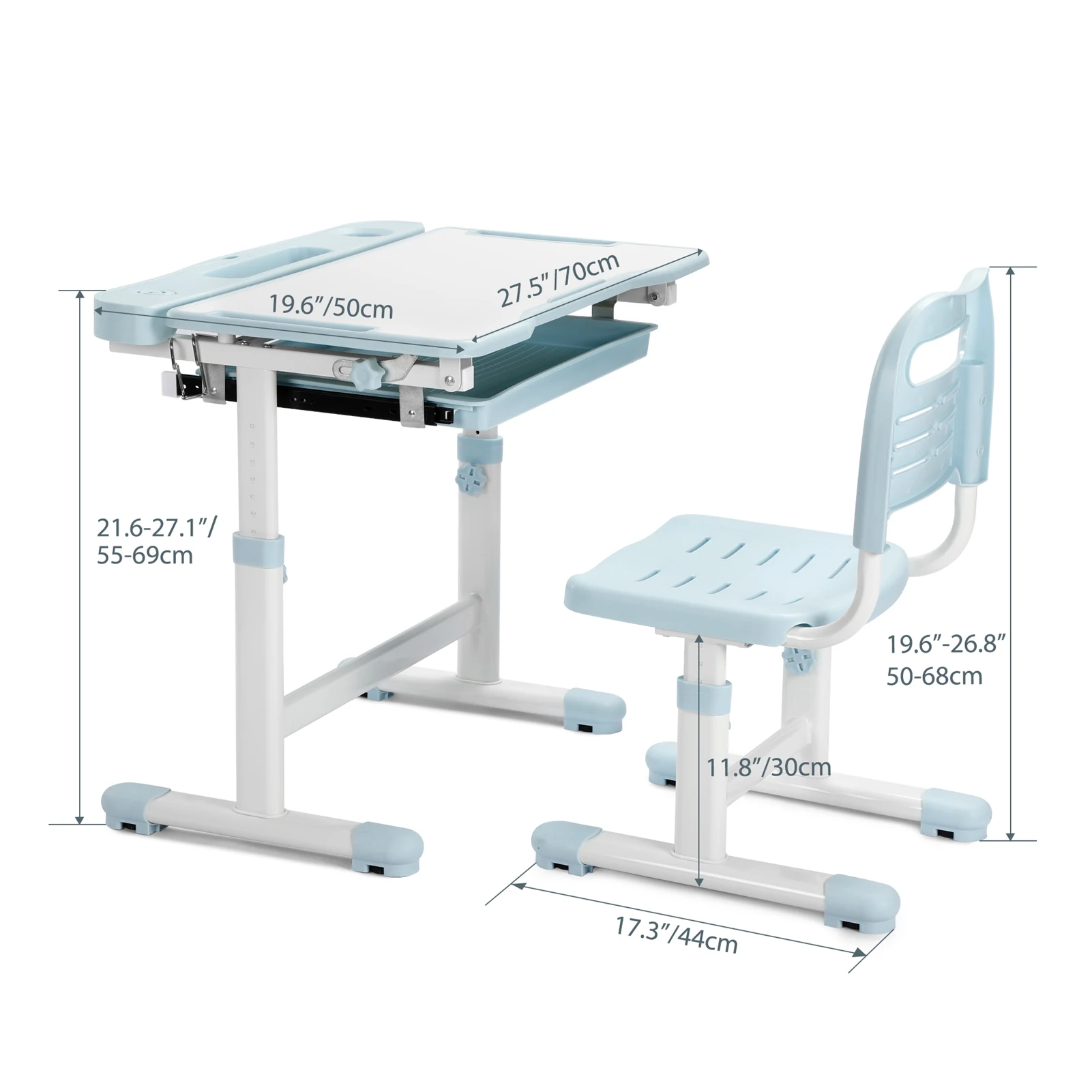 Conjunto de mesa e cadeira para crianças, mesa e cadeira de estudo escolar com altura ajustável com 55 °   Desktop inclinável, 3 modos e 3 lâmpadas LED de brilho,